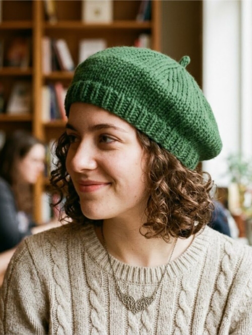 Hand Knit Acrylic Dark Olive Green French Beret Hat #02